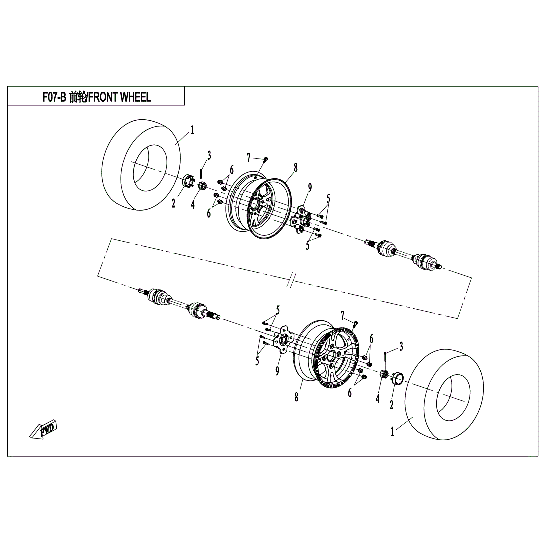 An Image of a Genuine CFMOTO Parts Schematic Diagram showing the schematic - FRONT WHEEL - 2021 CFMOTO UFORCE 800