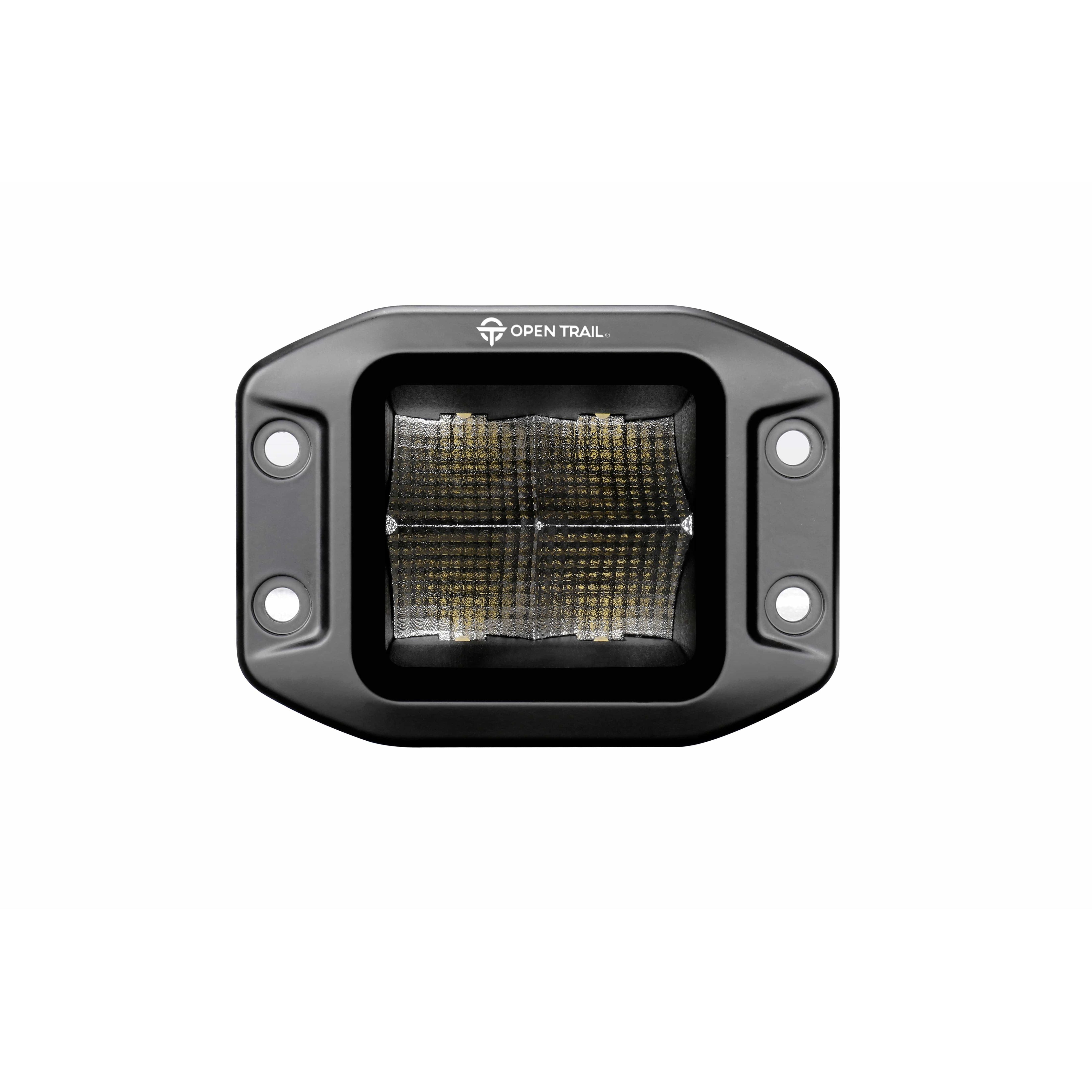 A black rectangular Stealth LED Flush Mount Pod Flood by Open Trail with four visible Osram LED grids, two mounting holes on each side, and the Open Trail logo on the top border.