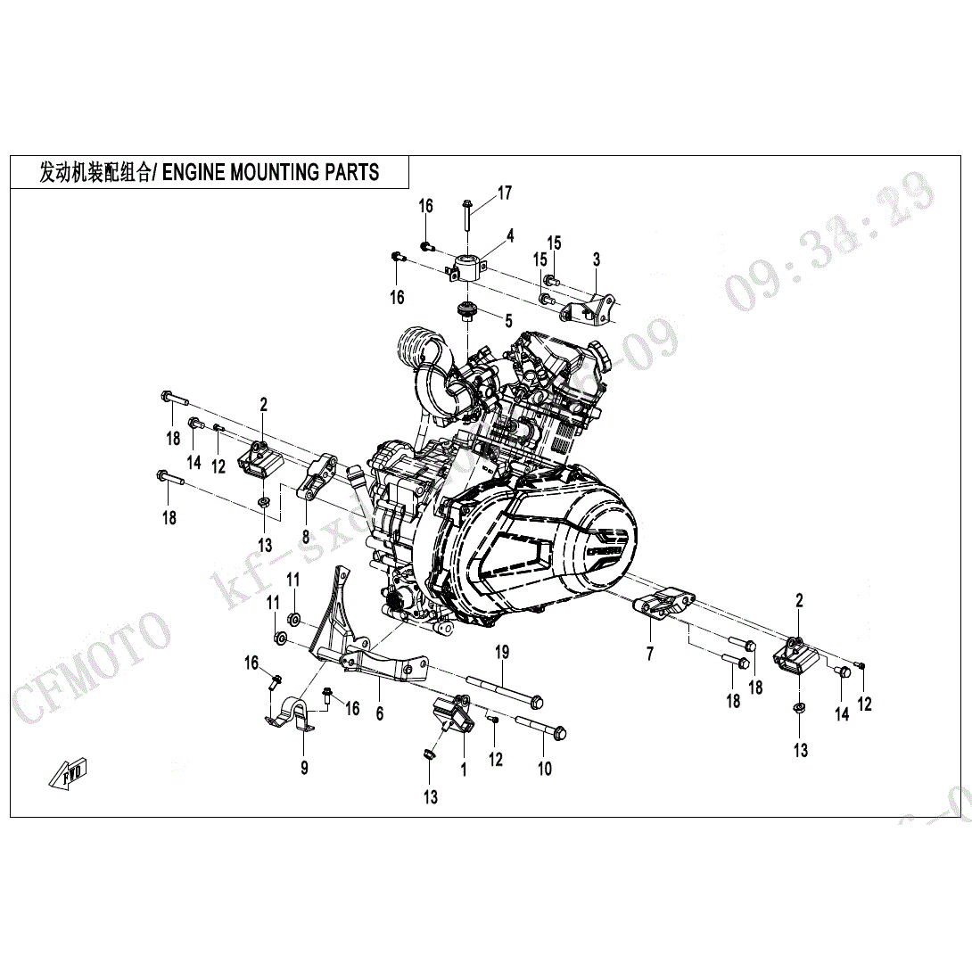 An Image of a Genuine CFMOTO Parts Schematic Diagram showing the schematic - ENGINE MOUNTING PARTS - 2023 CFMOTO UFORCE 600