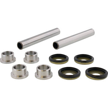 The Rear Knuckle Suspension Kit by Moose Offroad includes metal bushings, two cylindrical metal tubes, and four round black rubber seals—key A-arm repair parts—arranged on a white background.