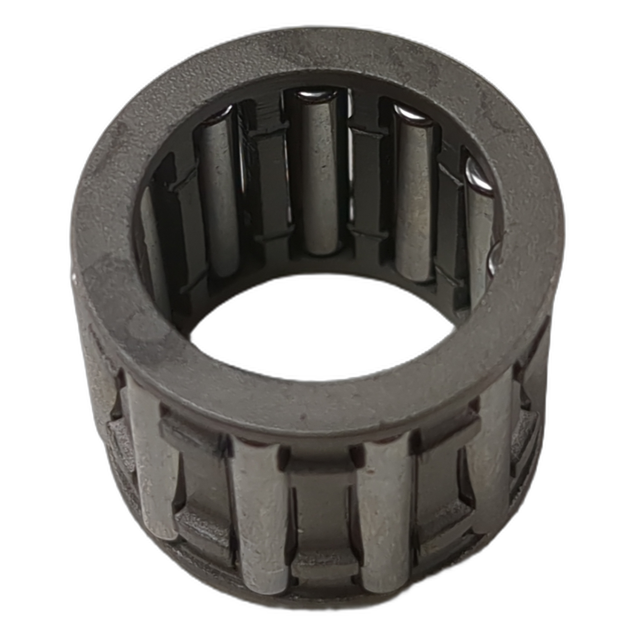 Gray metal cylindrical needle roller bearing with evenly spaced rollers for connecting rod small end.