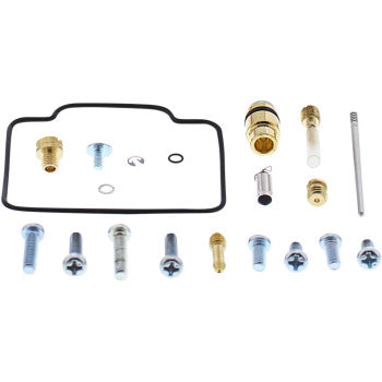 The Arctic Cat Carburetor Repair Kit by Moose Offroad includes screws, bolts, jets, small metal parts, and a durable black NBR gasket for ethanol resistance, all neatly displayed on a white background.