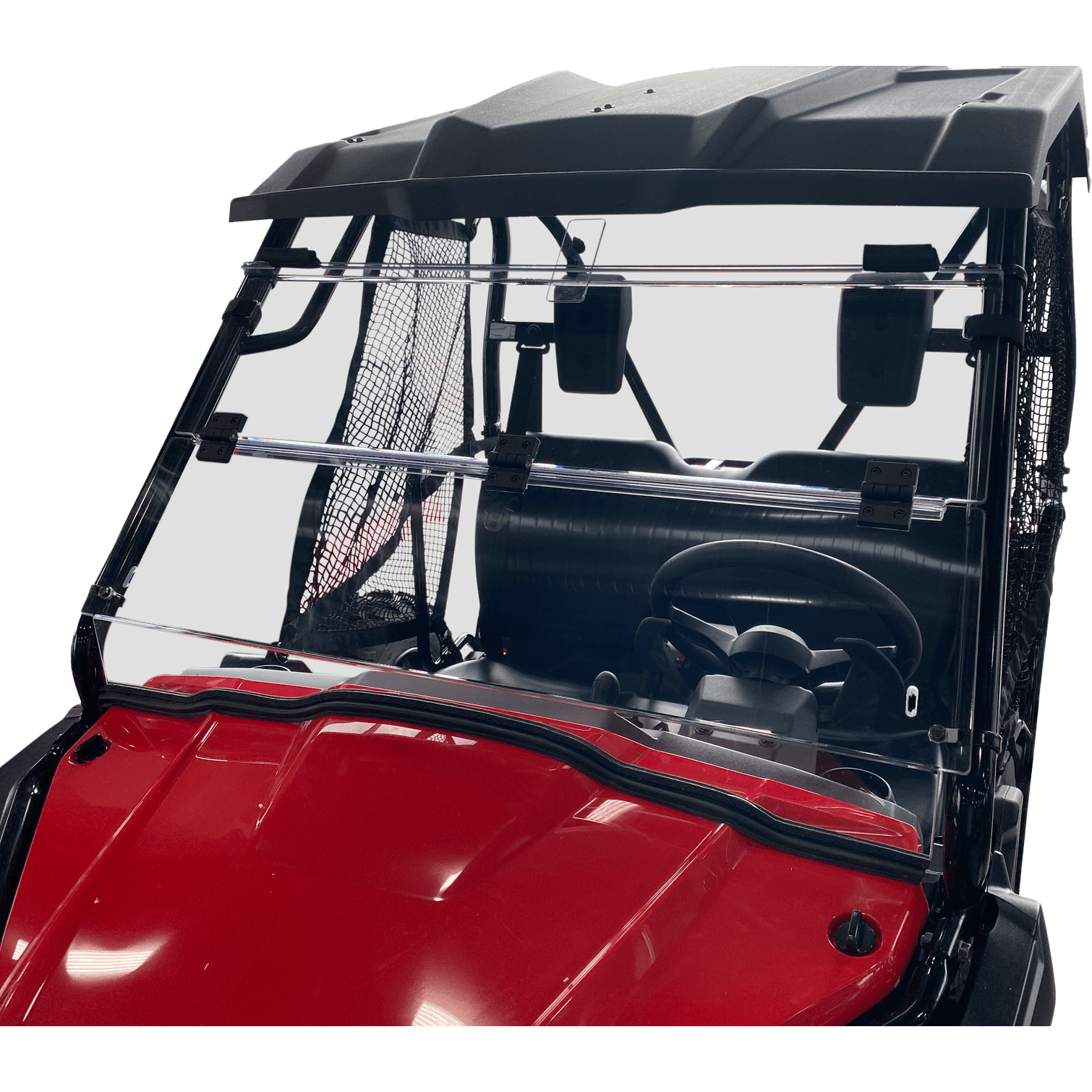 A red utility vehicle features the Folding Windshield by Open Trail, providing clear segmented panels for adjustable airflow. Black roof, netted side doors, two seats, steering wheel, rearview mirrors, and roll cage are visible.