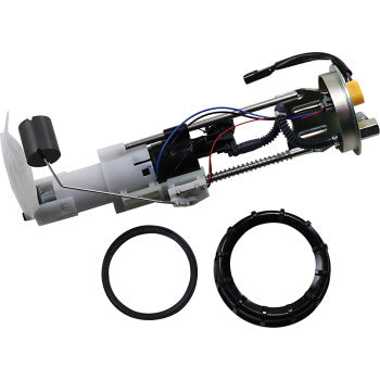 The Polaris Replacement Fuel Pump Module Kit by All Balls includes a fuel pump with wiring and float arm plus two circular mounting gaskets—shown on a white background, perfect for restoring your vehicle’s fuel system performance.