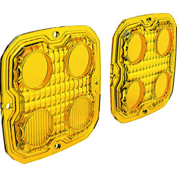The Lens - TriOptic™ - D4 - Selective Yellow by Denali is a pair of square, yellow plastic covers with four raised circles, textured surfaces, and corner screw holes—designed as lens covers for Denali D4 lights.