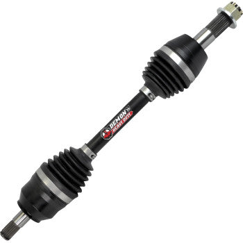 The Honda TRX Axle Complete Heavy Duty Front Left by Demon features a black and silver design, rubber boots on both ends, a Demon Powersports logo at the center, and durable chromoly steel construction for superior strength.