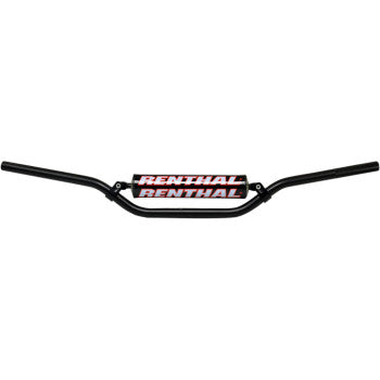 The 7/8 Off Road Handlebar 722 CR High Ricky Johnson Black by Renthal features a crossbar with a black pad displaying the red and white Renthal logo. Made from aerospace aluminum alloy, it has a lightweight clamping system. Isolated on white background.