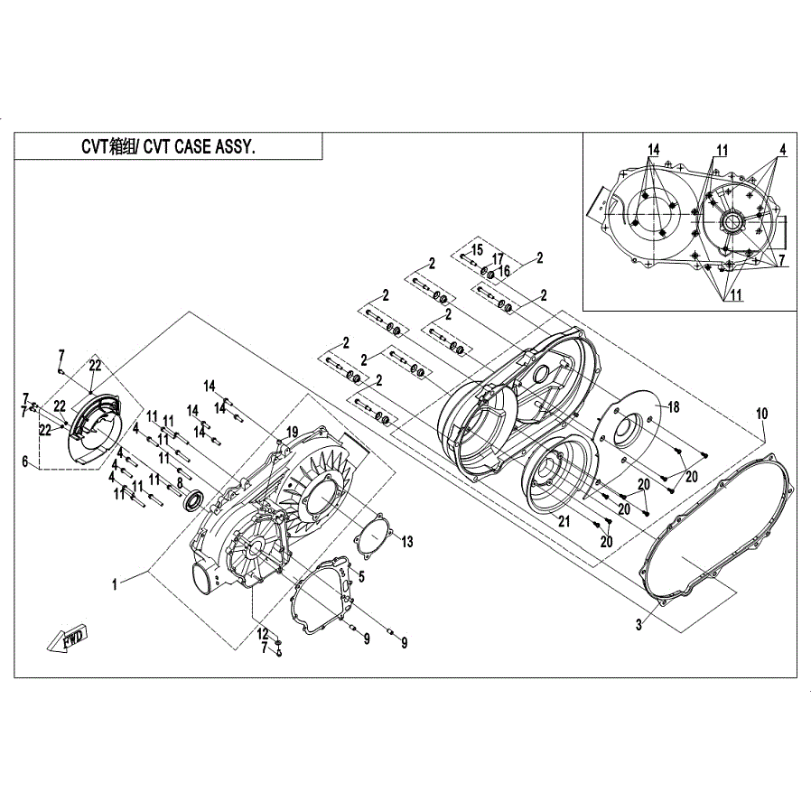 An Image of a genuine CFMOTO Parts Schematic Diagram showing the group - CVT CASE ASSY. - 2019 CFMOTO CFORCE 400