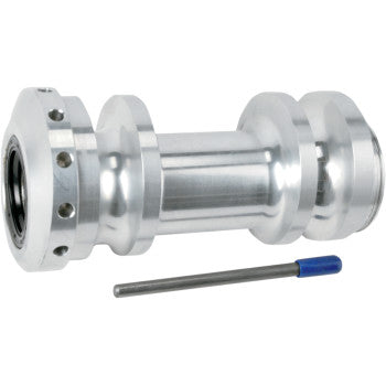 The Yamaha Raptor Axle Carrier Super Twin by Lone Star Racing, a silver cylindrical component with grooves and holes, is displayed beside a small metal rod with a blue tip on a white background.