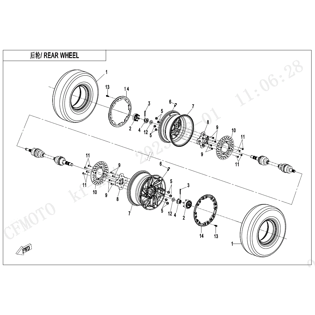 An Image of a Genuine CFMOTO Parts Schematic Diagram showing the schematic - REAR WHEEL - 2024 CFMOTO ZFORCE 950