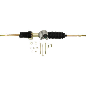 The Steering Rack by Moose Offroad features black rubber boots, gold tie-rod ends, and includes small bolts and washers, all displayed on a white background.