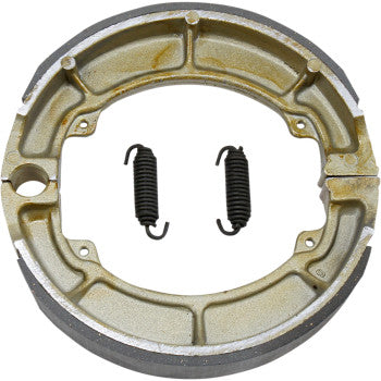 Brake Shoes by Ebc featuring die-cast aluminum construction and two original-style brake shoe springs, displayed from above on a white background.