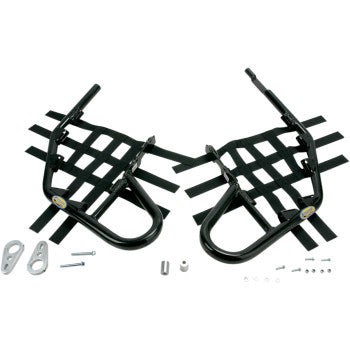 Nerf Bars Black by Motorsport Products, featuring aluminum bars with black webbing and ATV net tabs, are shown with EZ-fit clamp brackets and mounting hardware on a white background.
