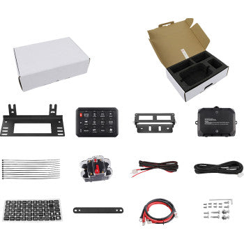 The Gang Switch Panel 12 Position by Moose Offroad includes a white box, mounting brackets, touch control panel, wires, fuses, zip ties, screws, and connectors—all neatly arranged for easy installation.