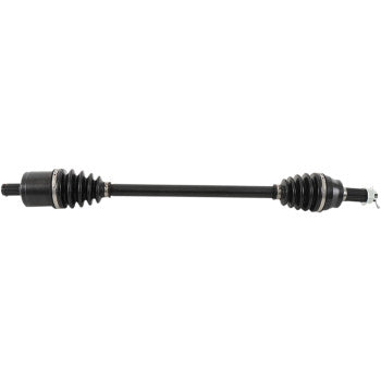 A close-up of the Polaris RZR General Axle Kit Complete 8 Ball Extreme Duty Front Left & Right by All Balls—a black chromoly CV axle shaft with rubber boots and precision ball bearings for rugged vehicle use.