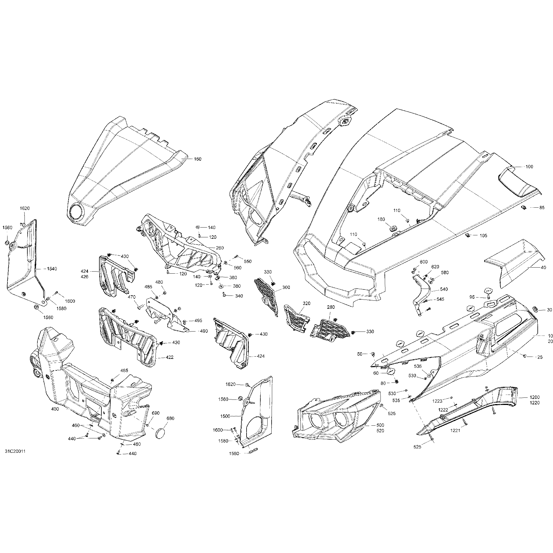 An Image of a Genuine Can-Am Parts Schematic Diagram showing the schematic - BODY - FRONT SECTION - ASPHALT GREY