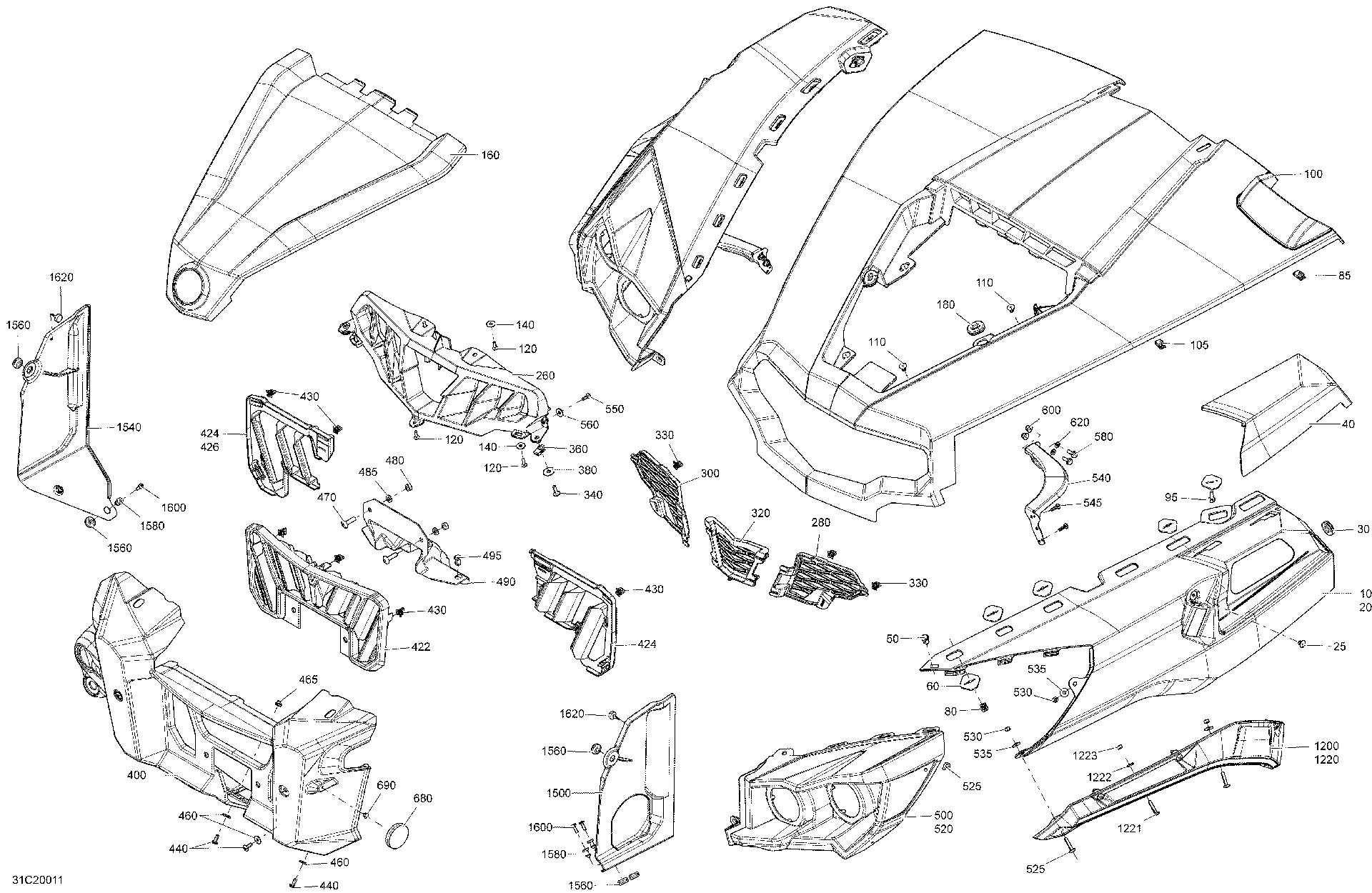 An Image of a Genuine Can-Am Parts Schematic Diagram showing the schematic - BODY - FRONT SECTION - WHITE