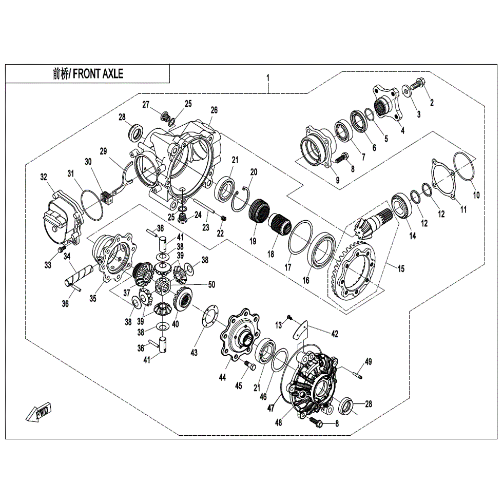 An Image of a genuine CFMOTO Parts Schematic Diagram showing the group - FRONT AXLE - 2022 CFMOTO CFORCE 500 S