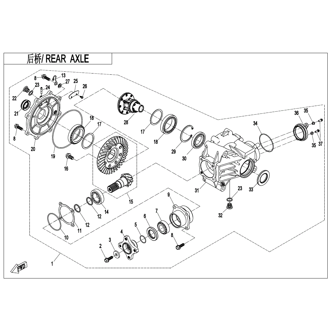 An Image of a genuine CFMOTO Parts Schematic Diagram showing the group - REAR AXLE(WITHOUT DIFFERENTIAL) - 2024 CFMOTO CFORCE 400 S