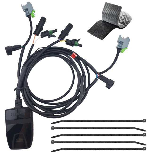 The Fuel Tuner Fi2000 PowerPro Black Victory by Cobra, with cables, connectors, four black zip ties, and a hook-and-loop fastener, is displayed on a white background.