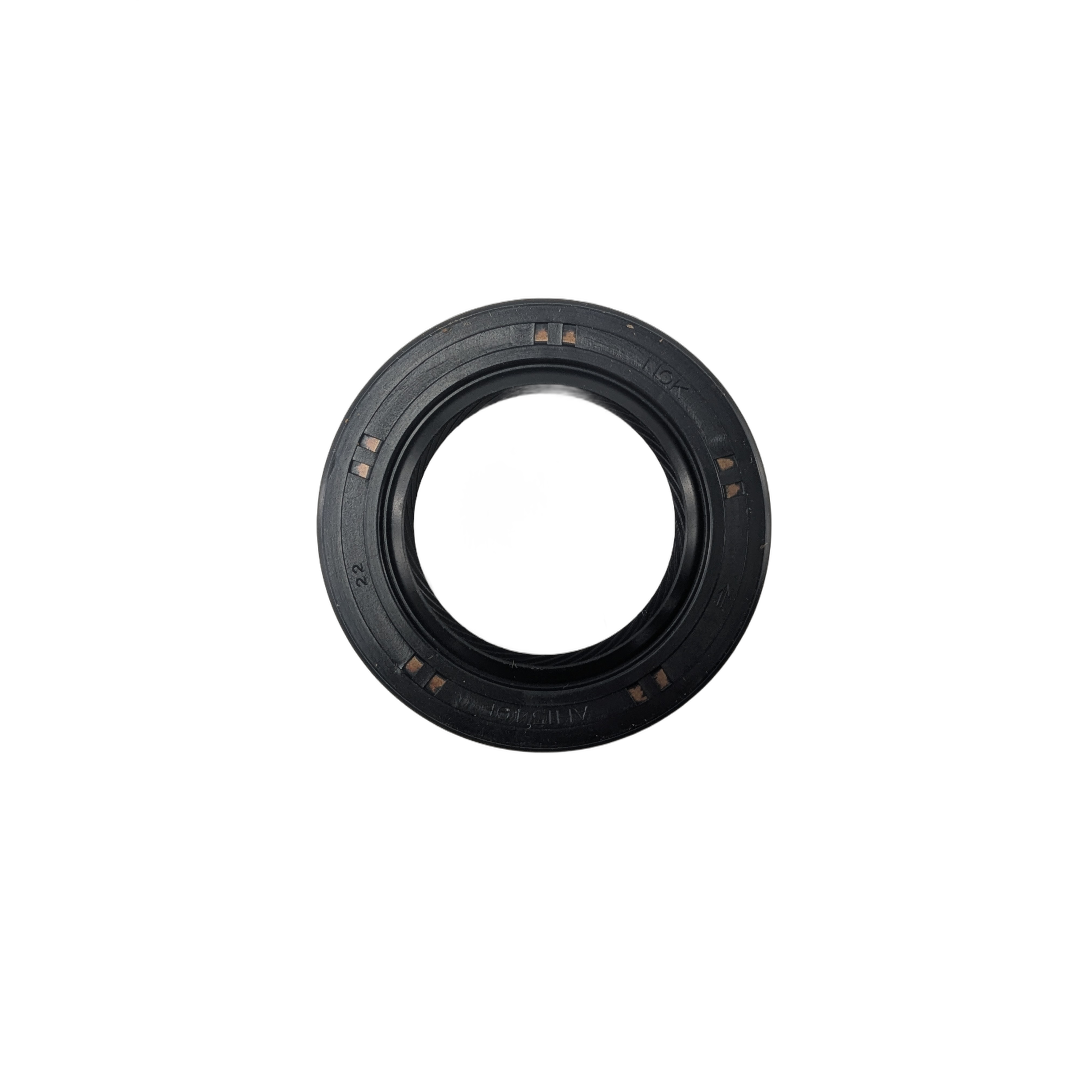 A black, circular Seal-Oil, Htc 28X45X7 by Kawasaki (OEM 92049-1576) is shown from above on a white background, featuring copper-colored rectangular markings on its inner edge—suitable for Kawasaki Off Road models.