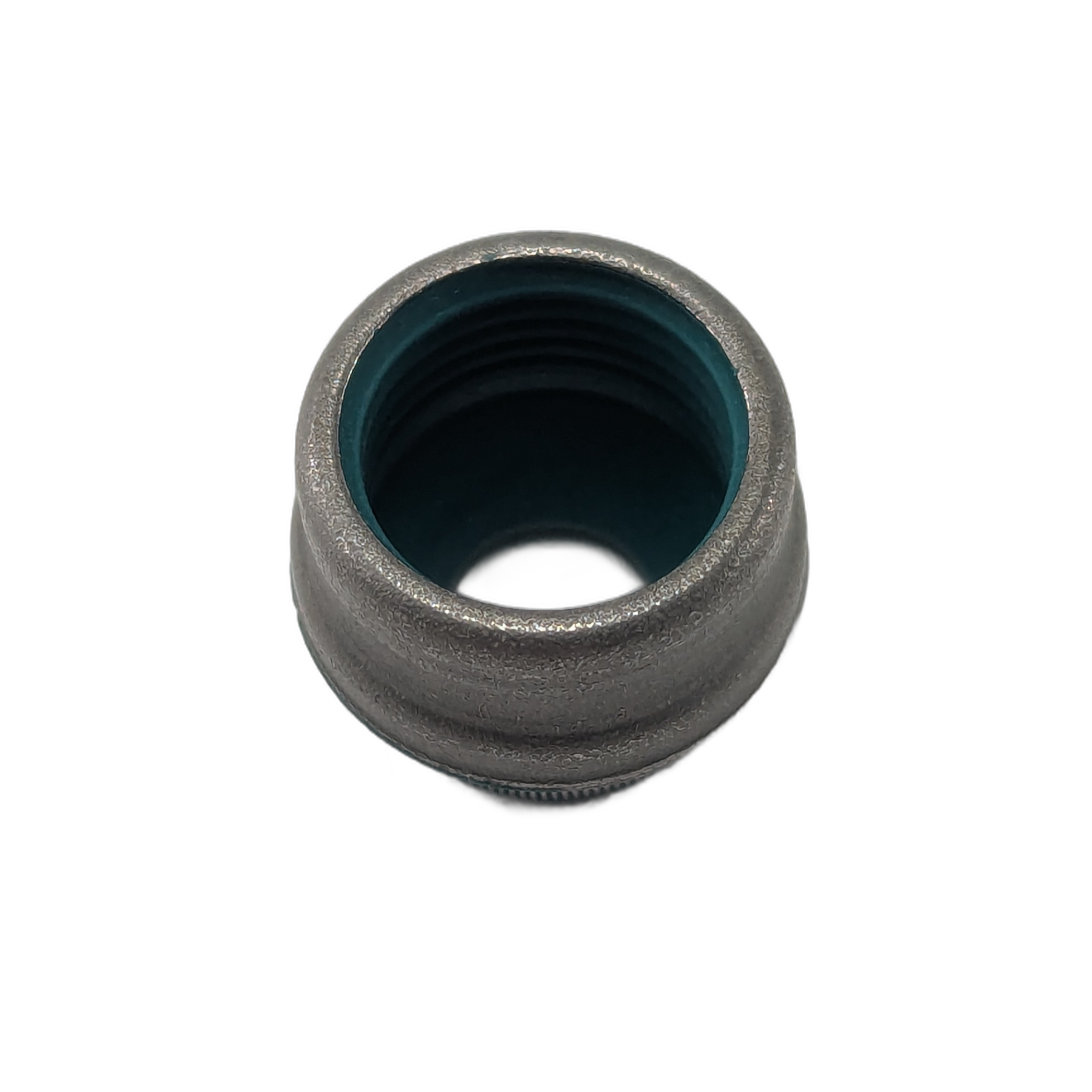 Gray cylindrical rubber seal with inner blue lining and ridged outer surface.
