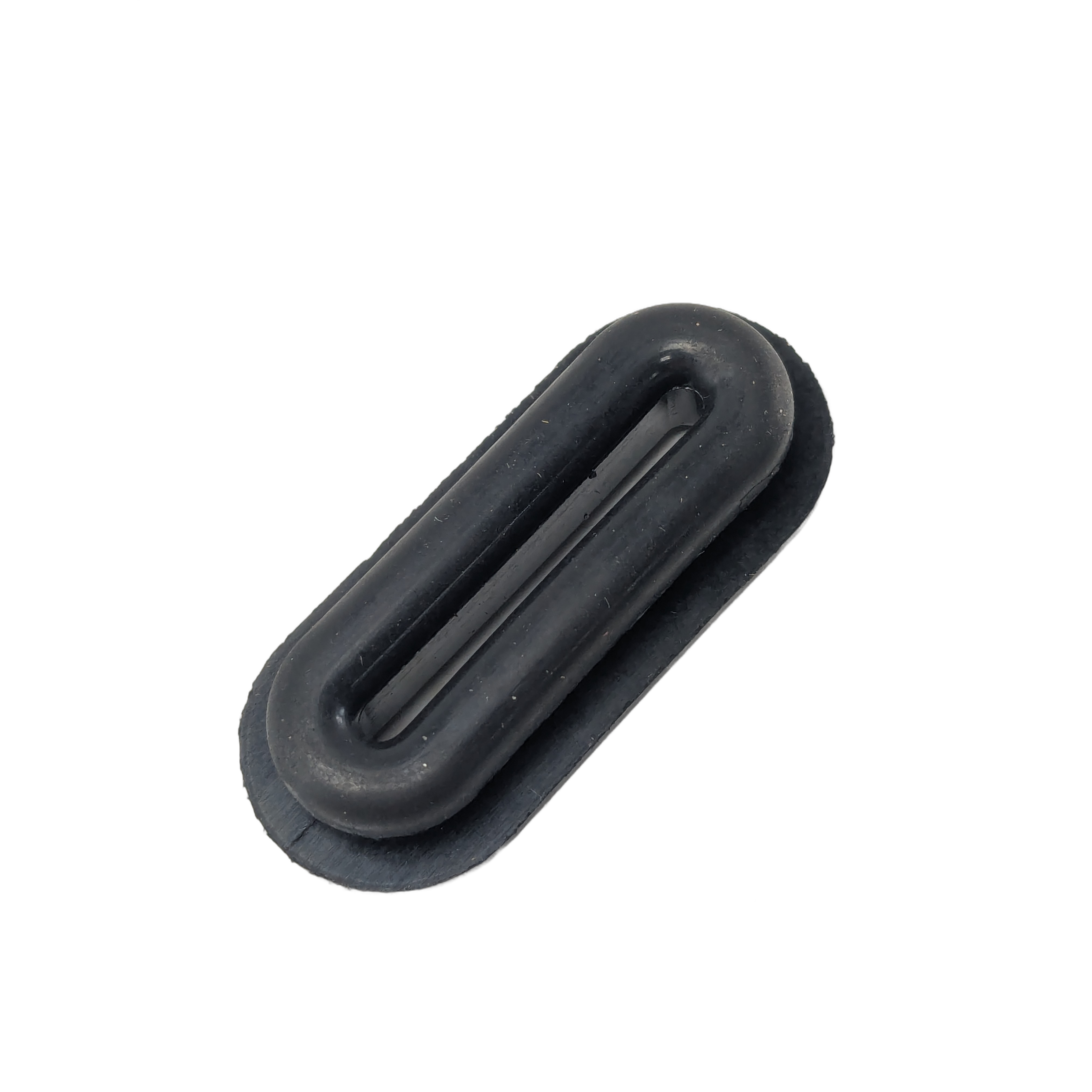 Black rubber grommet with elongated oval shape and central slot opening.
