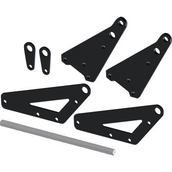 The UTV SQ Push Tube Leveling Kit Pro 2.0 +6 by KFI Products features black metal brackets, plates with multiple holes, two matching pieces, and a coiled spring—perfect for adjusting your UTV plow blade angle. Shown on a white background.