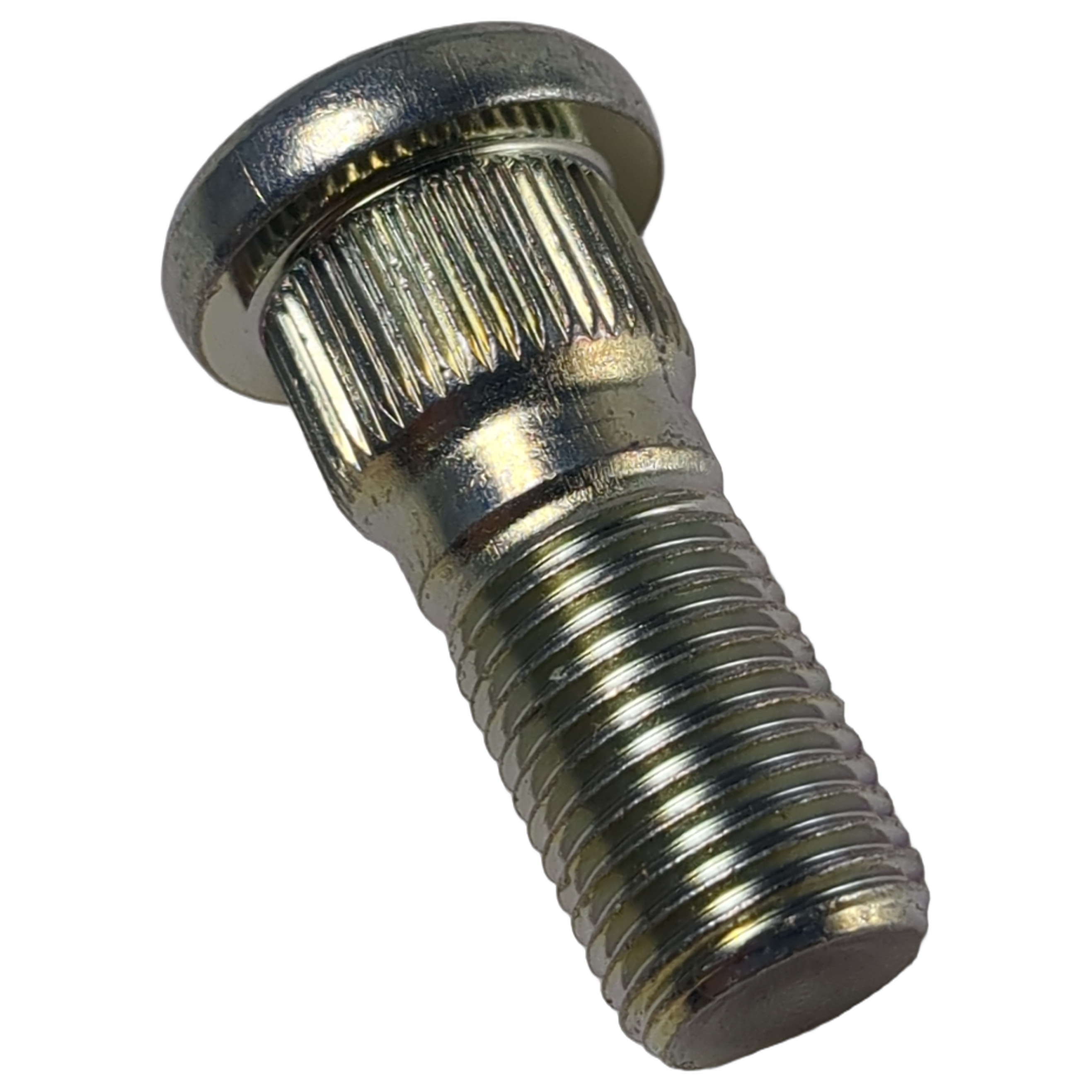 Chrome-plated bolt with ridged collar and threaded shaft for Kawasaki Mule UTVs.