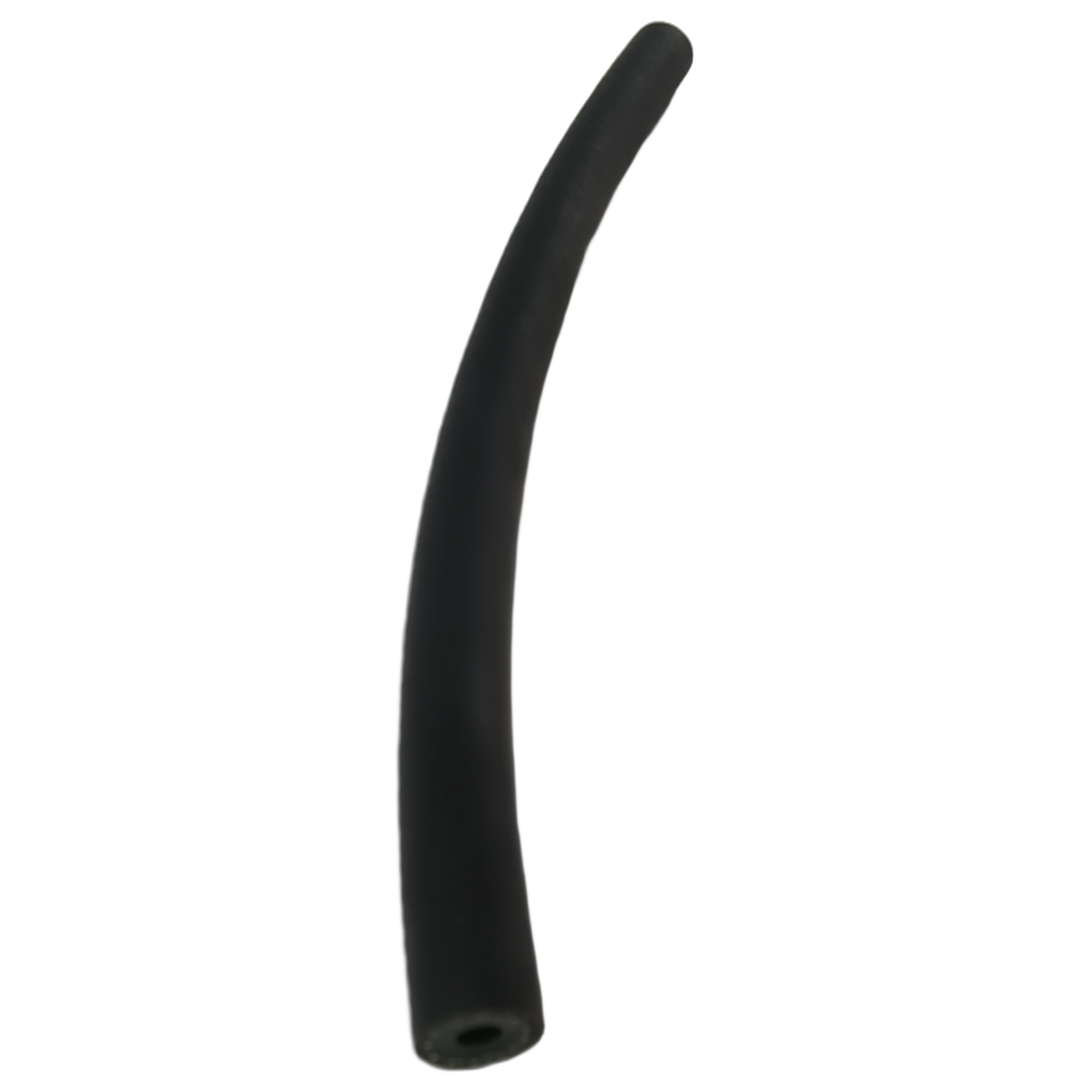 Black flexible rubber fuel line tube with hollow cylindrical shape and smooth surface.