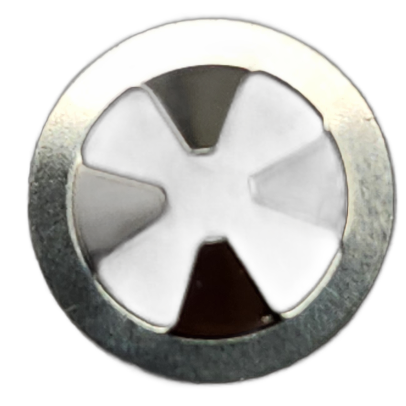 Close-up image of a shiny Nut by Kawasaki, featuring a cross-shaped design—an essential fastener for Kawasaki UTV parts and off-road vehicle accessories—shown isolated on a white background.
