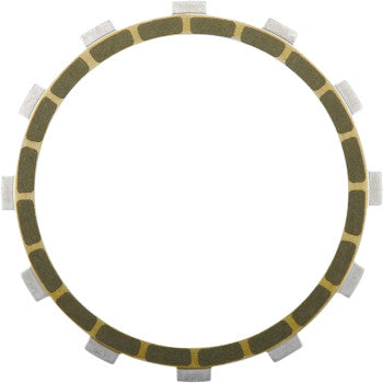 The Barnett Clutch Friction Plate is a circular steel plate with evenly spaced tabs and alternating dark and light segments around the ring. It features heavy-duty metal construction and an open center.
