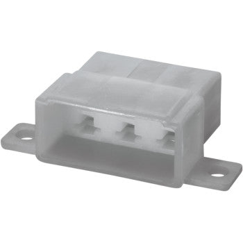 Translucent gray 6-position male electrical connector with mounting tabs, rectangular shape, plastic housing.