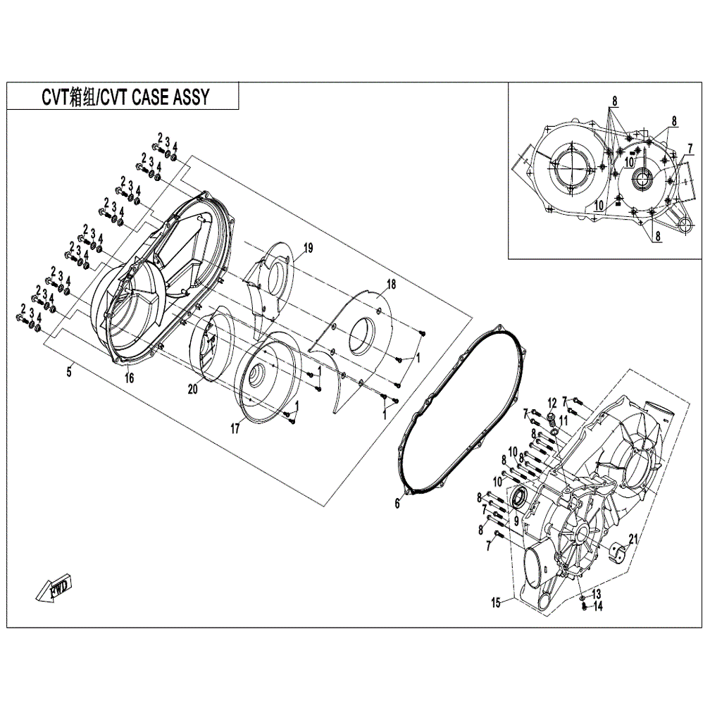 An Image of a genuine CFMOTO Parts Schematic Diagram showing the group - CVT CASE ASSY. - 2022 CFMOTO CFORCE 800 XC