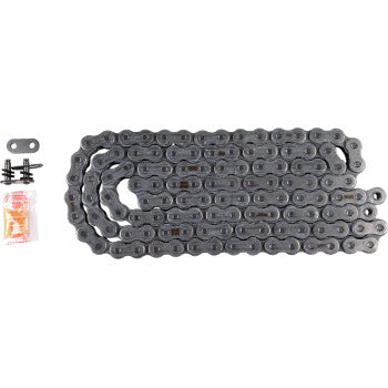 The 520 EXW Drive Chain 120 Links by RK, a coiled black metal motorcycle chain, is shown alongside a small bag with installation parts and a connecting link.