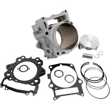 Aluminum Yamaha cylinder kit with piston, piston rings, wrist pin, circlips, and black gaskets.