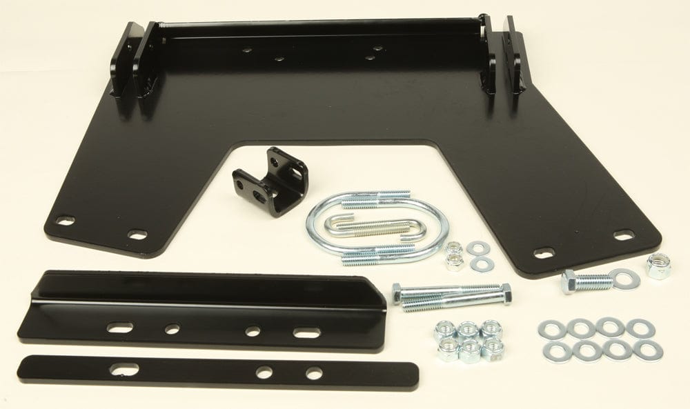 The Polaris ATV Provantage Center Snow Plow Mounting Kit by Warn includes a black metal mounting plate, two small brackets, a U-bolt, screws, nuts, and washers—ideal for ATV plowing—shown arranged on a light background.