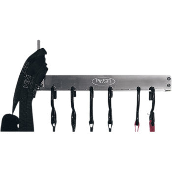 The Strap Rack by Pingel mounts to your wall and holds six black hooks, providing an organized way to display or store straps and gear.