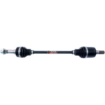 Heavy-duty Yamaha Grizzly front axle with black protective boots and steel shaft.