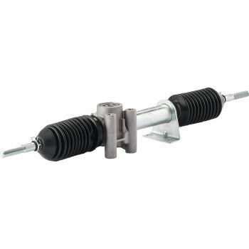 The Steering Rack by Moose Offroad is a metal automotive assembly featuring black rubber boots, tie-rod ends on each side, and a silver center mounting bracket, shown isolated on a white background.