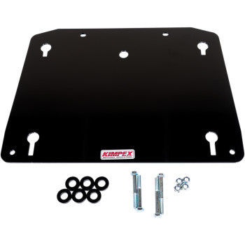The UTV Click N' Go 2 Plow Mount Bracket by Kimpex is a black metal mounting plate with cutouts, labeled "KRAPEX" at the center, and includes four washers, two bolts, and four nuts arranged in front for plow bracing.