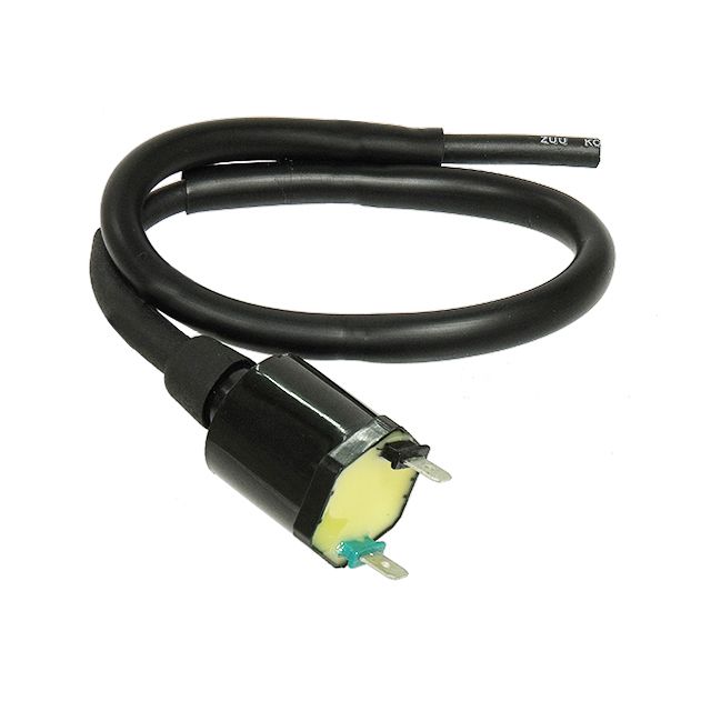 The Polaris UTV/ATV Ignition Coil by Bronco is shown—a black coil wire with a cylindrical connector and two metal prongs, designed for small engines or motorcycles, set against a white background.