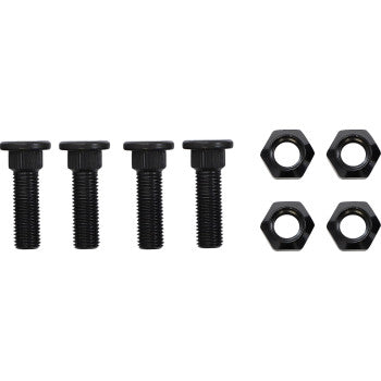 The Yamaha Wheel Stud Nut Kit Front & Rear Rear Right by Moose Offroad includes four black hex bolts on the left and four matching wheel nuts on the right, neatly aligned in two rows against a white background.