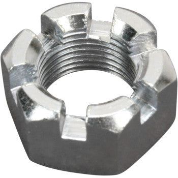 A close-up of the Yamaha Axle Hub Nut 7/8 14 by Dura Blue, crafted from high-strength steel with internal threading and evenly spaced notches, designed for reliable axle protection.