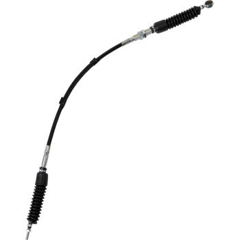 Black flexible UTV shifter cable with protective accordion-style rubber boots on both ends and metal connectors.