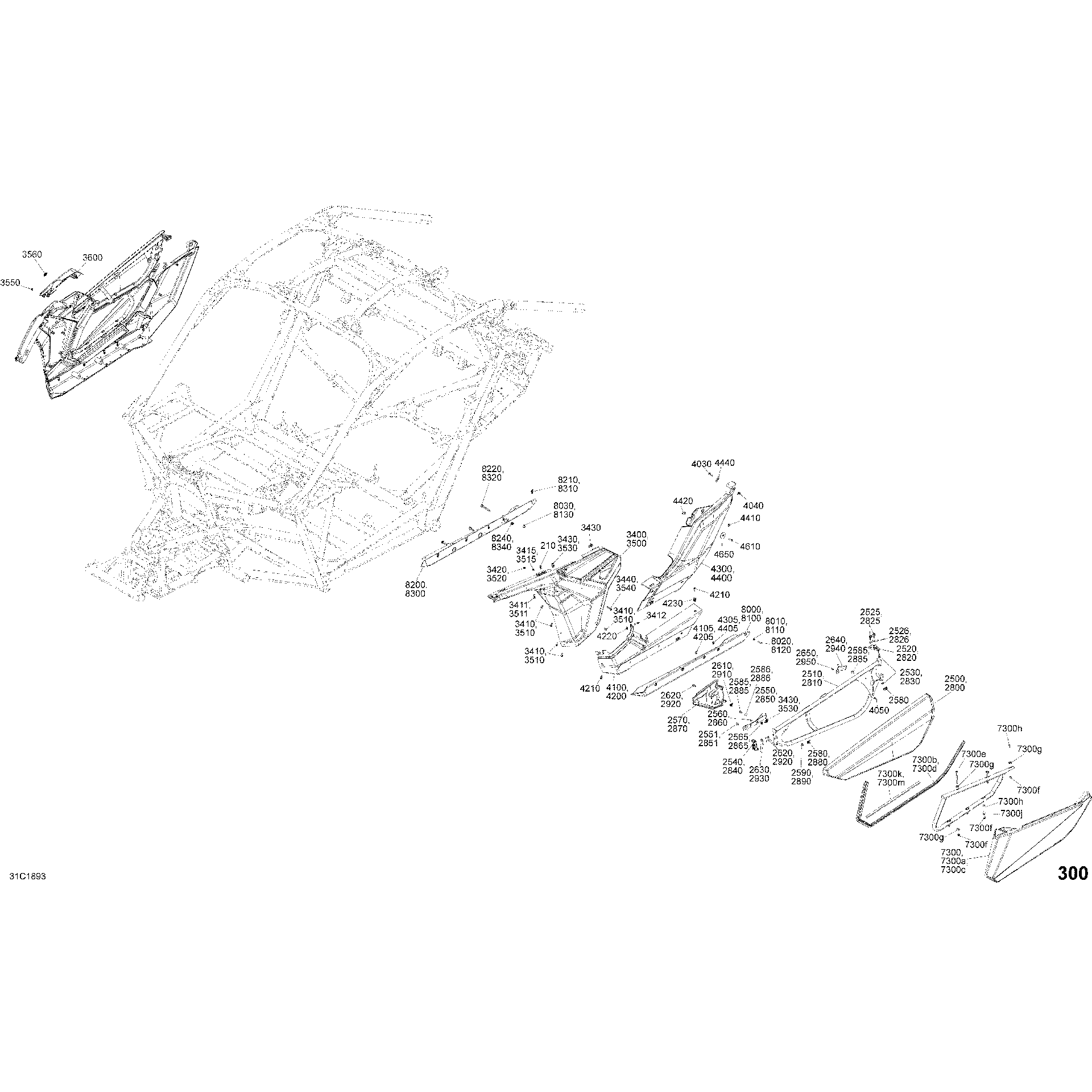 An Image of a Genuine Can-Am Parts Schematic Diagram showing the schematic - BODY PARTS - CARBON BLACK - PACKAGE X RC - SIDE SECTION