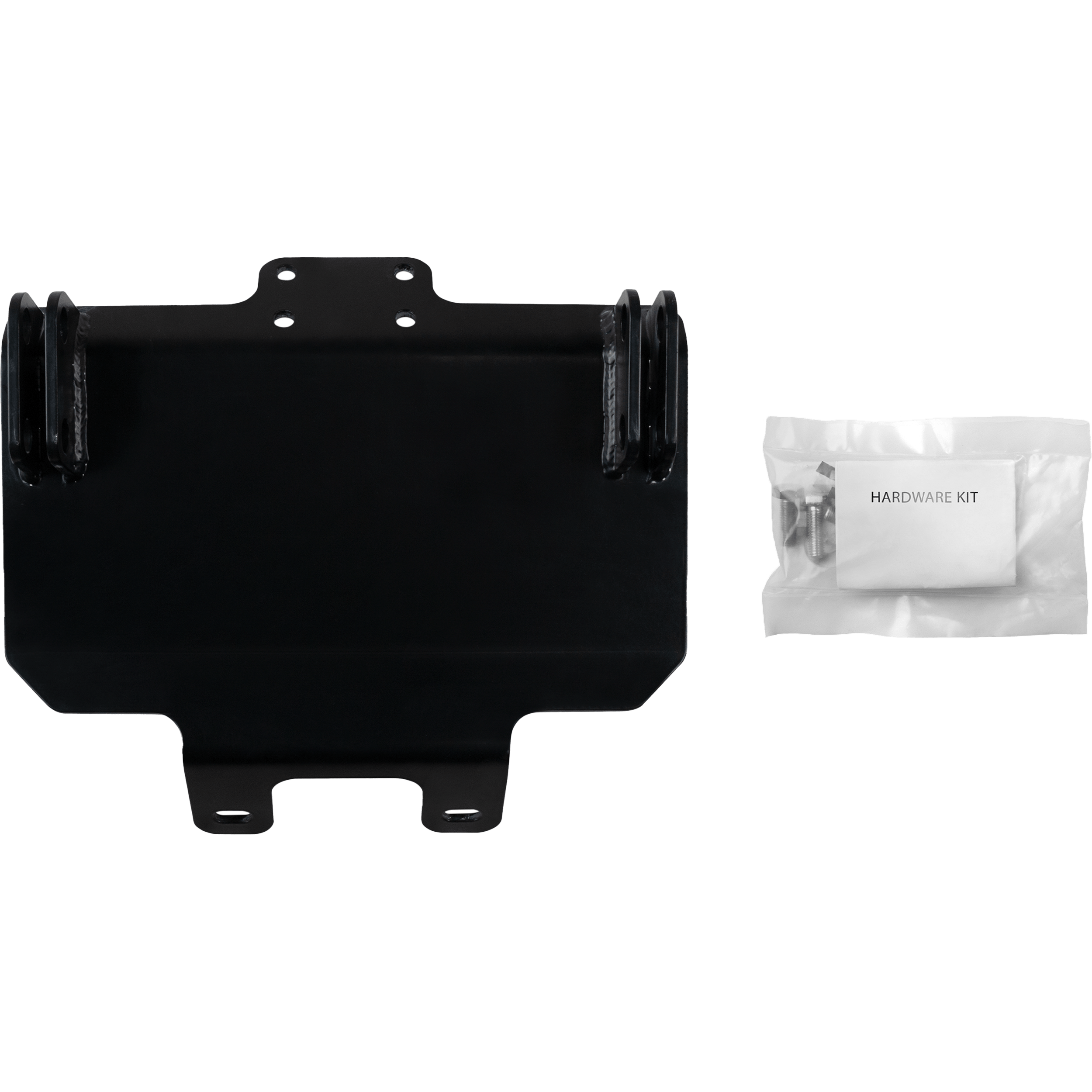The UTV Plow Mount by Open Trail, a black metal bracket with installation holes, is pictured beside a small clear plastic bag labeled HARDWARE KIT containing screws and fasteners.