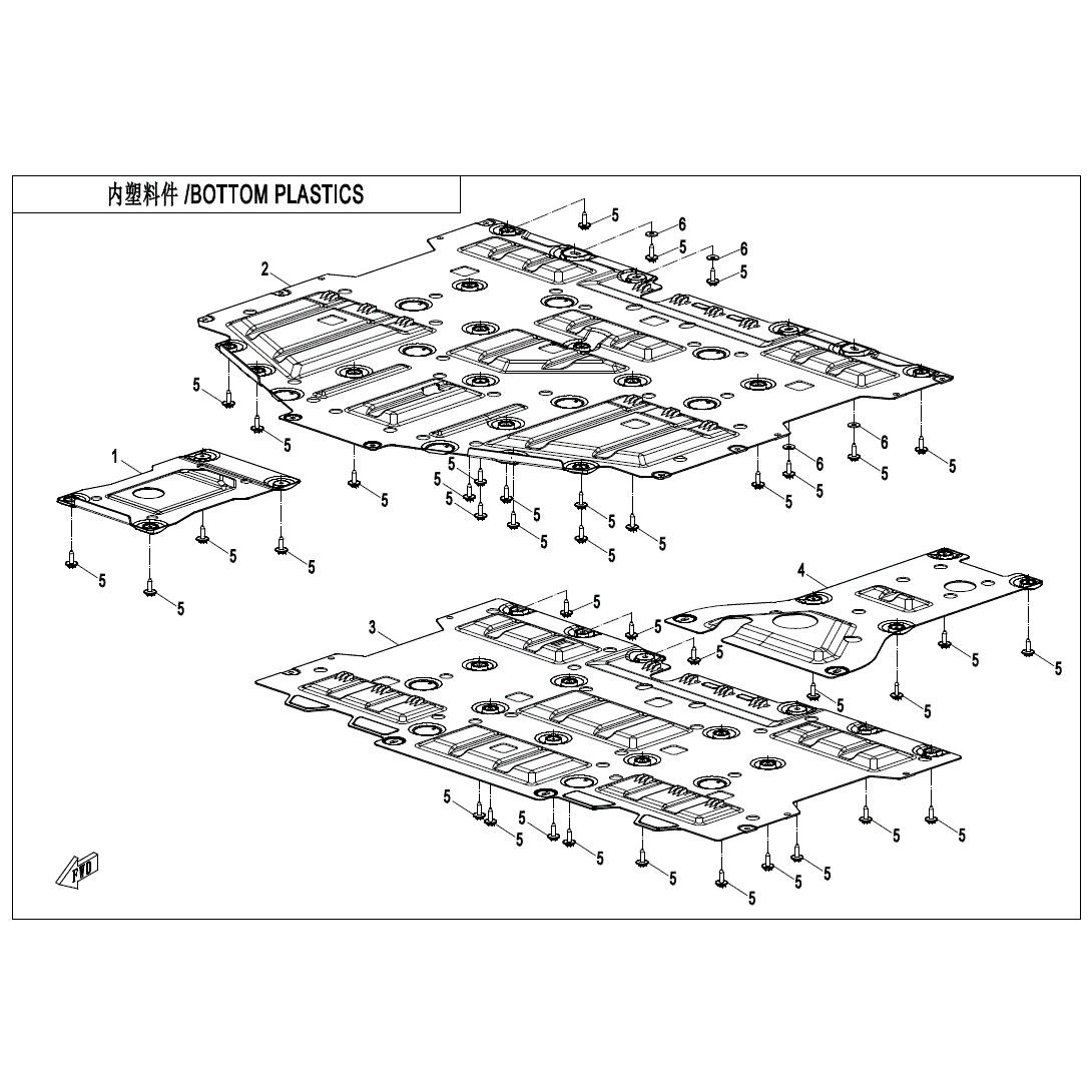 An Image of a Genuine CFMOTO Parts Schematic Diagram showing the schematic - BOTTOM PLASTICS - 2025 CFMOTO UFORCE 1000 XL