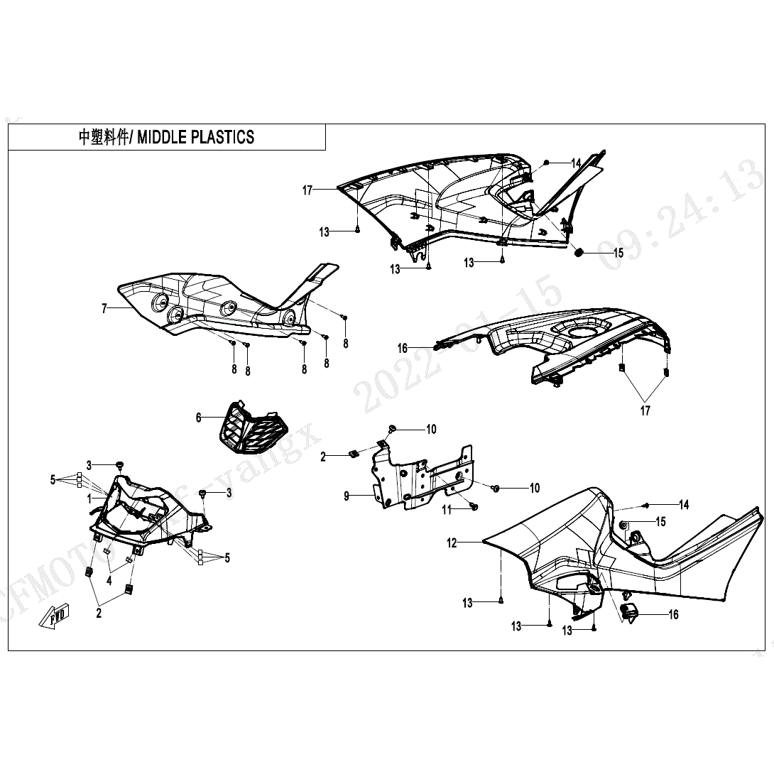 An Image of a genuine CFMOTO Parts Schematic Diagram showing the group - MIDDLE PLASTICS - 2022 CFMOTO CFORCE 500