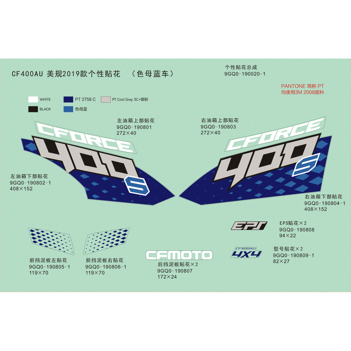 An Image of a genuine CFMOTO Parts Schematic Diagram showing the group - DECAL KITS (2019 - 2019 CFMOTO CFORCE 400